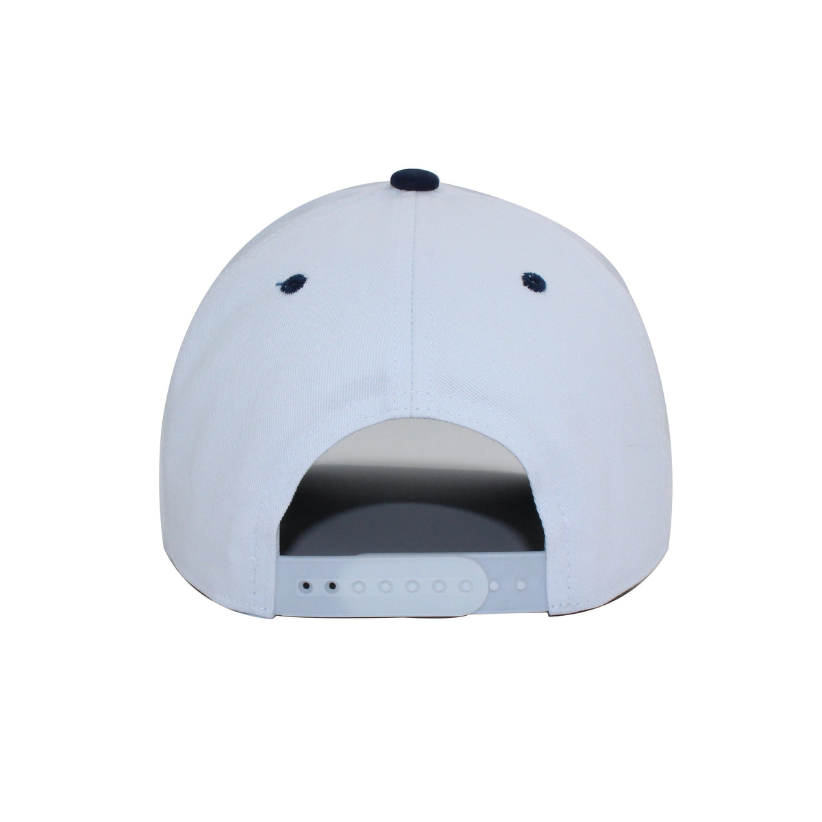 LU-6A white navy wholesale 5-panel suede brim snapback hat back view