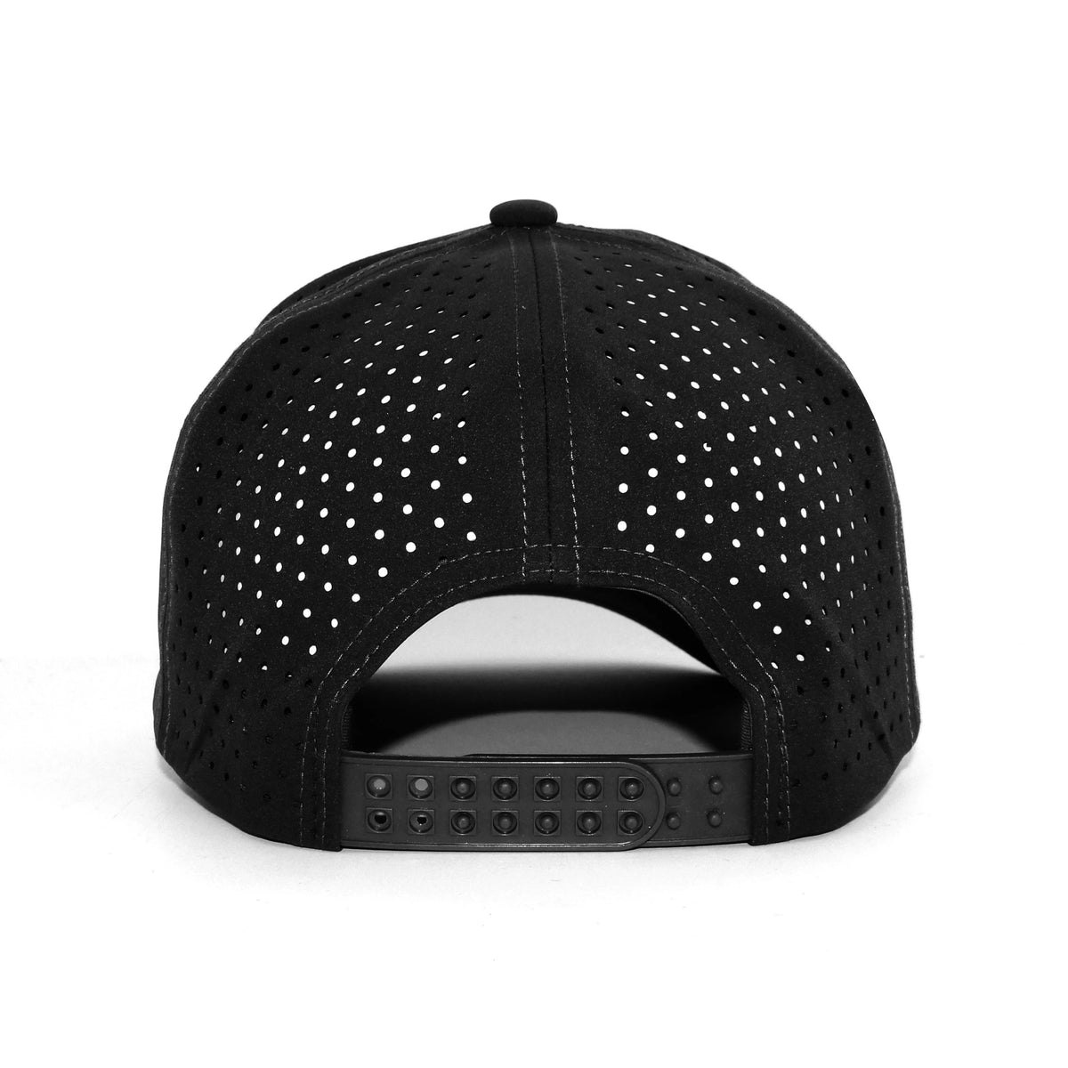 LU-7 black wholesale 5-panel performance snapback hat back view