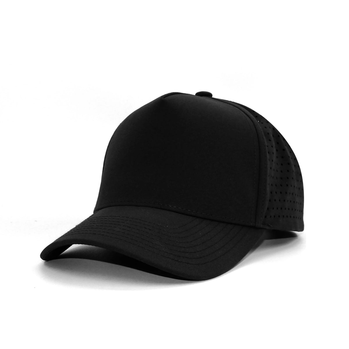 LU-7 black wholesale 5-panel performance snapback hat front view