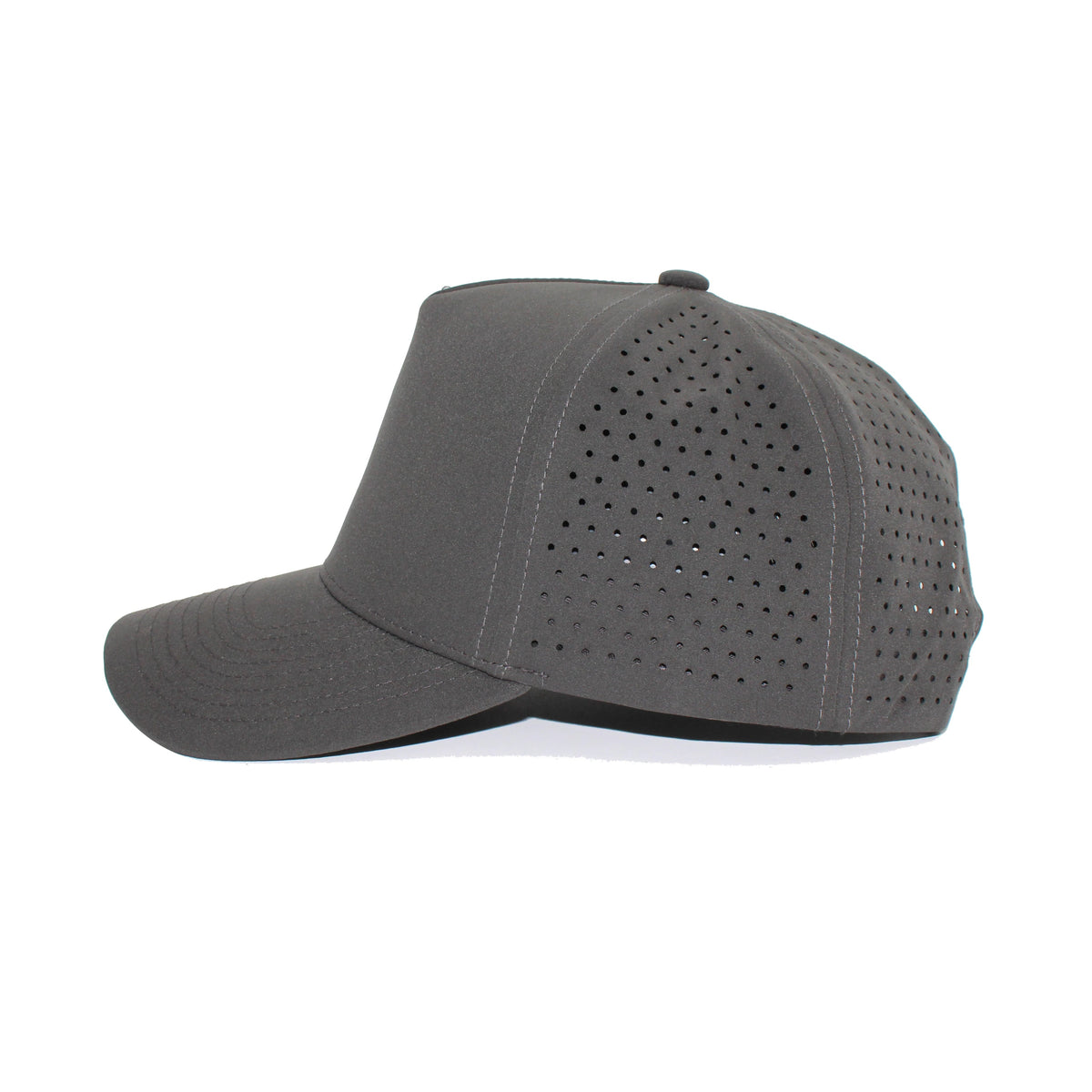 LU-7 charcoal wholesale 5-panel performance snapback hat side view