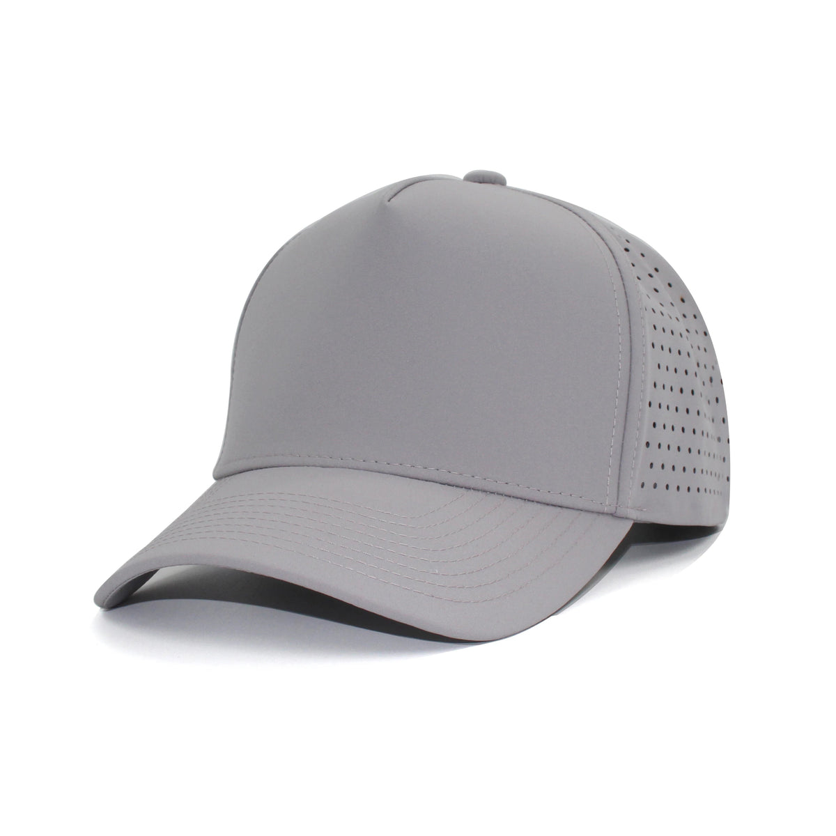 LU-7 heather grey wholesale 5-panel performance snapback hat front view