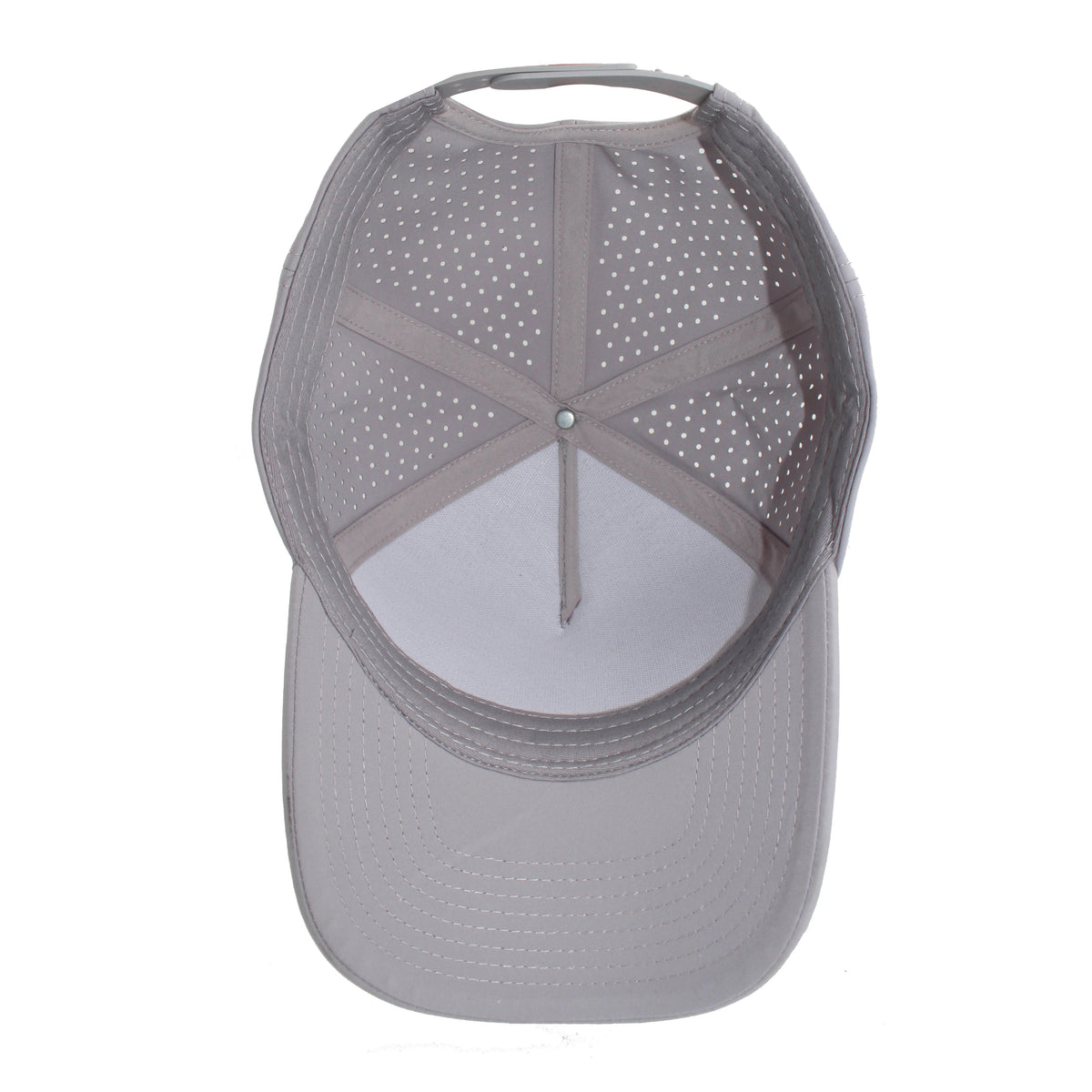 LU-7 heather grey wholesale 5-panel performance snapback hat interior view