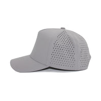 LU-7 heather grey wholesale 5-panel performance snapback hat side view