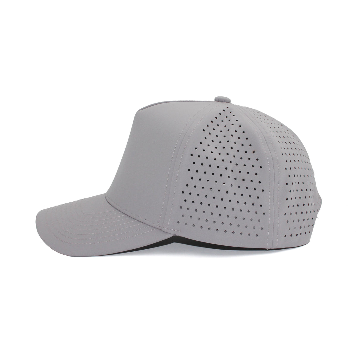 LU-7 heather grey wholesale 5-panel performance snapback hat side view