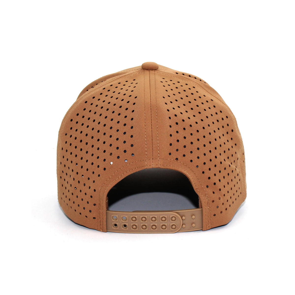 LU-7 khaki wholesale 5-panel performance snapback hat back view