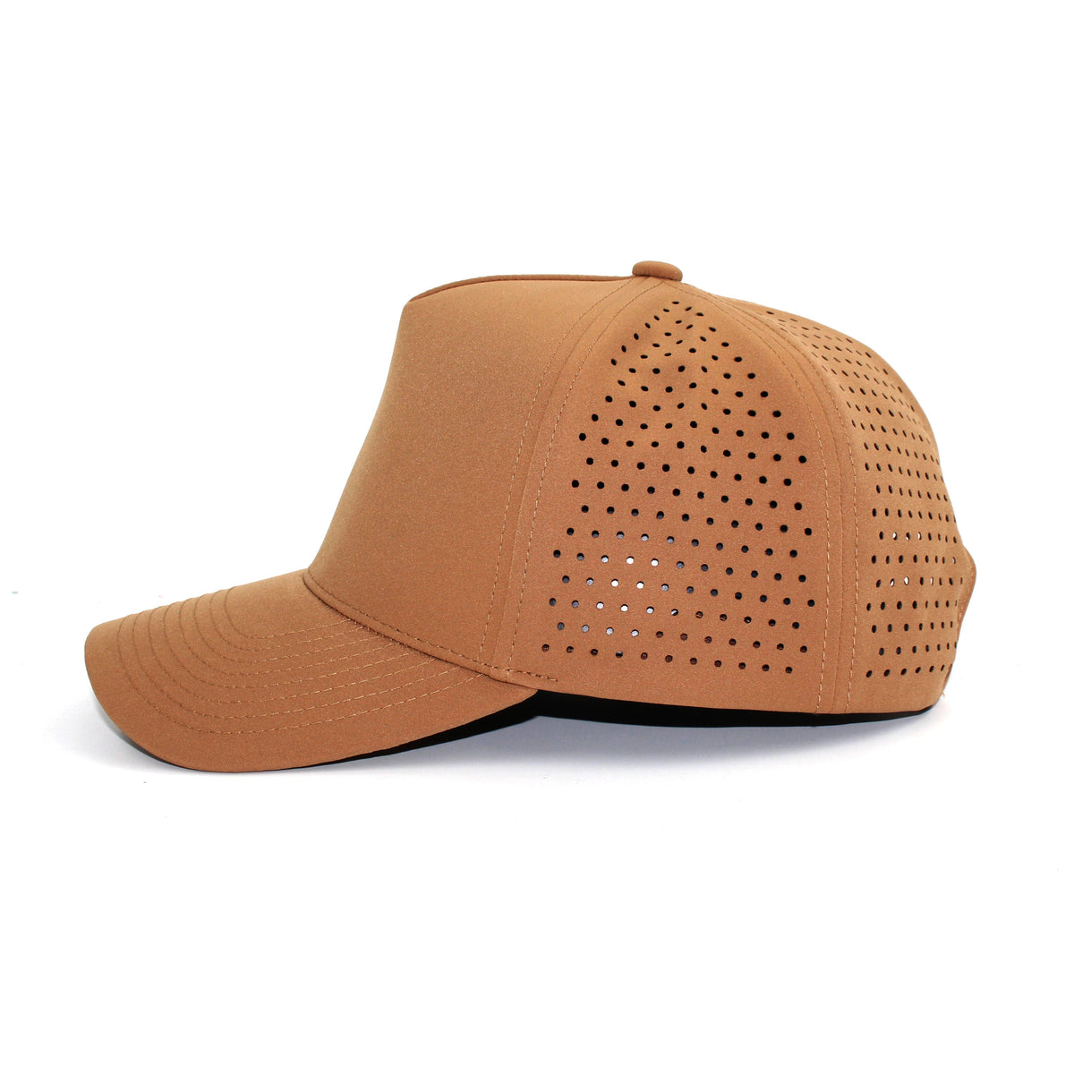 LU-7 khaki wholesale 5-panel performance snapback hat side view
