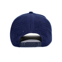 LU-7 navy wholesale 5-panel performance snapback hat back view