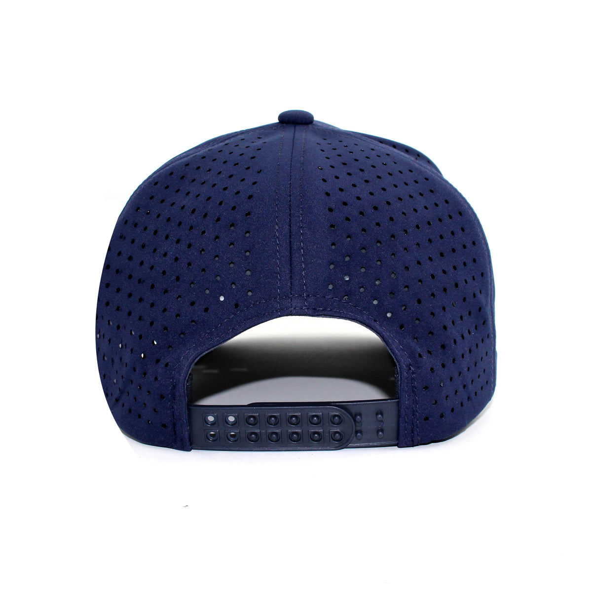 LU-7 navy wholesale 5-panel performance snapback hat back view