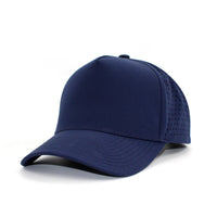 LU-7 navy wholesale 5-panel performance snapback hat front view