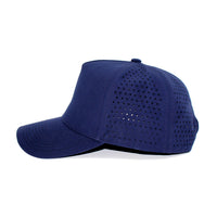 LU-7 navy wholesale 5-panel performance snapback hat side view