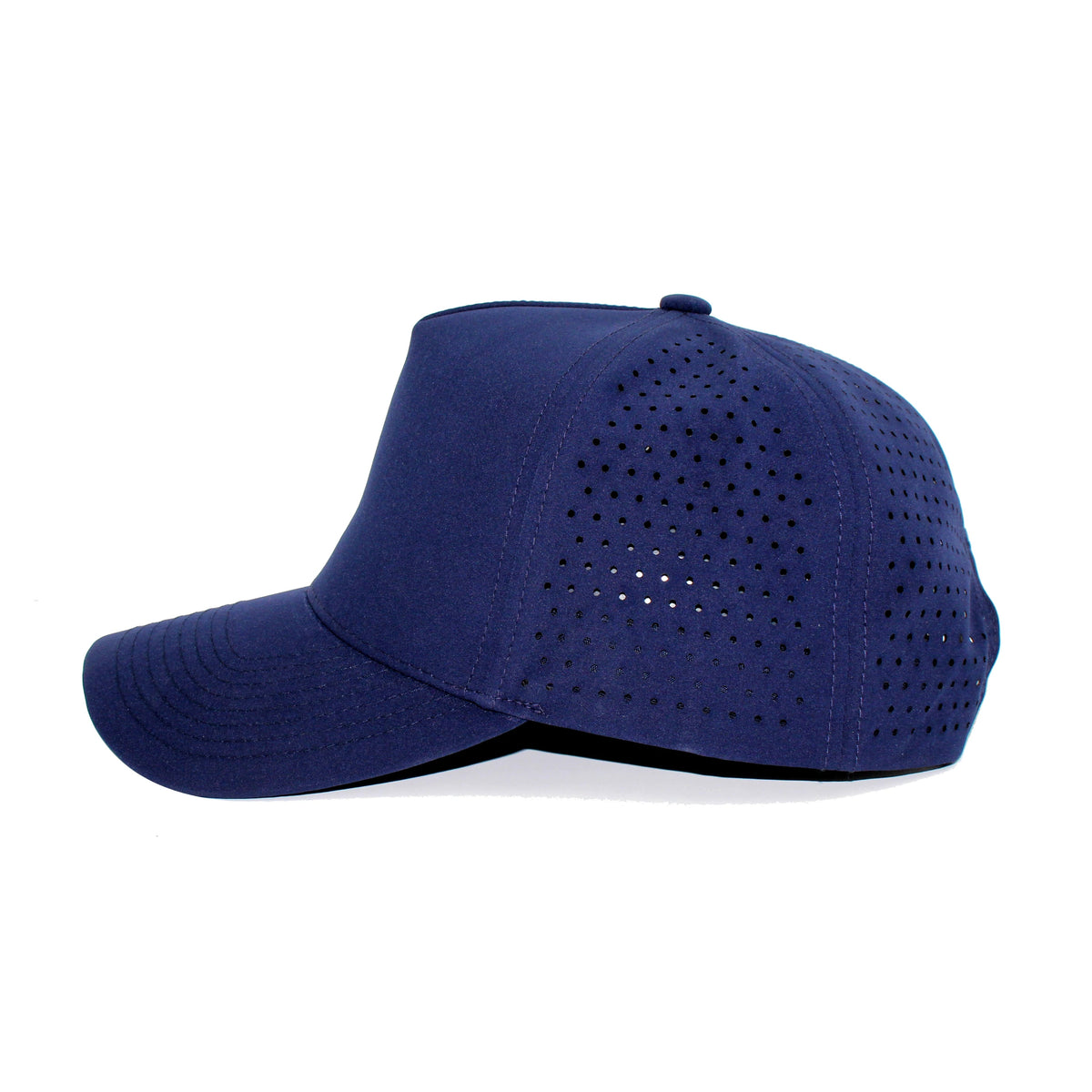 LU-7 navy wholesale 5-panel performance snapback hat side view