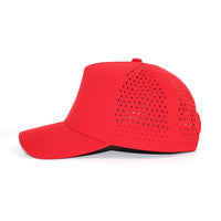 LU-7 red wholesale 5-panel performance snapback hat side view