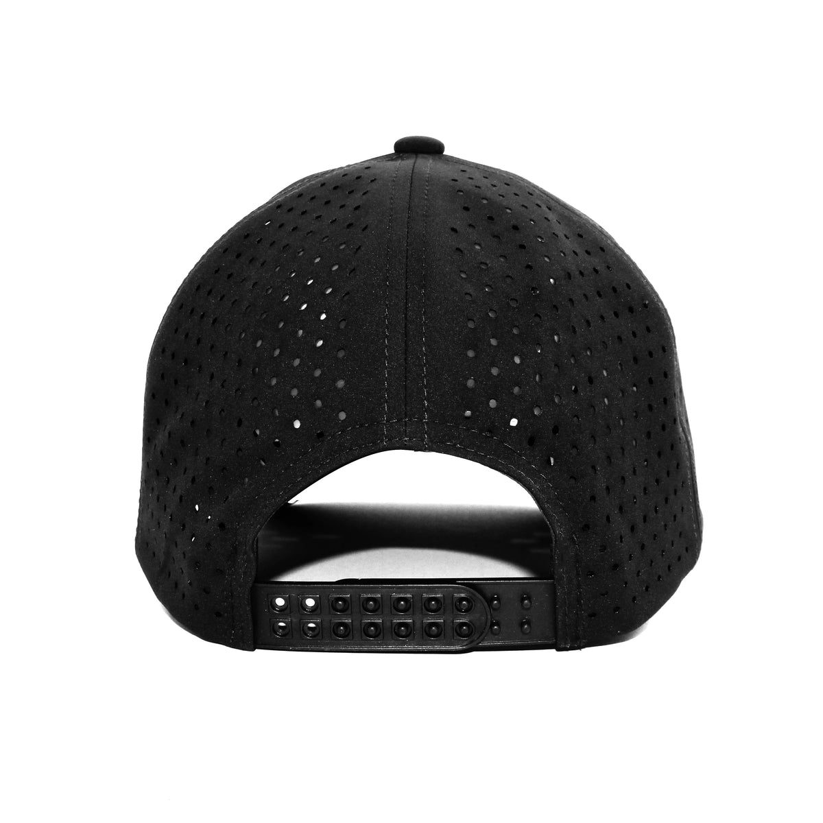 LU-8 black wholesale 6-panel performance snapback hat back view
