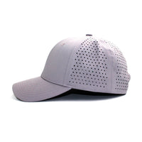 LU-8 heather grey wholesale 6-panel performance snapback hat side view