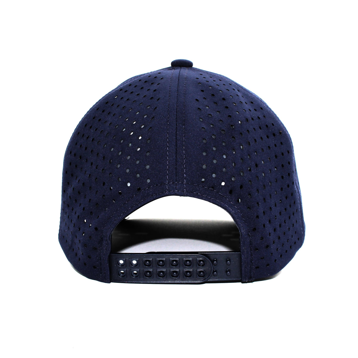 LU-8 navy wholesale 6-panel performance snapback hat back view