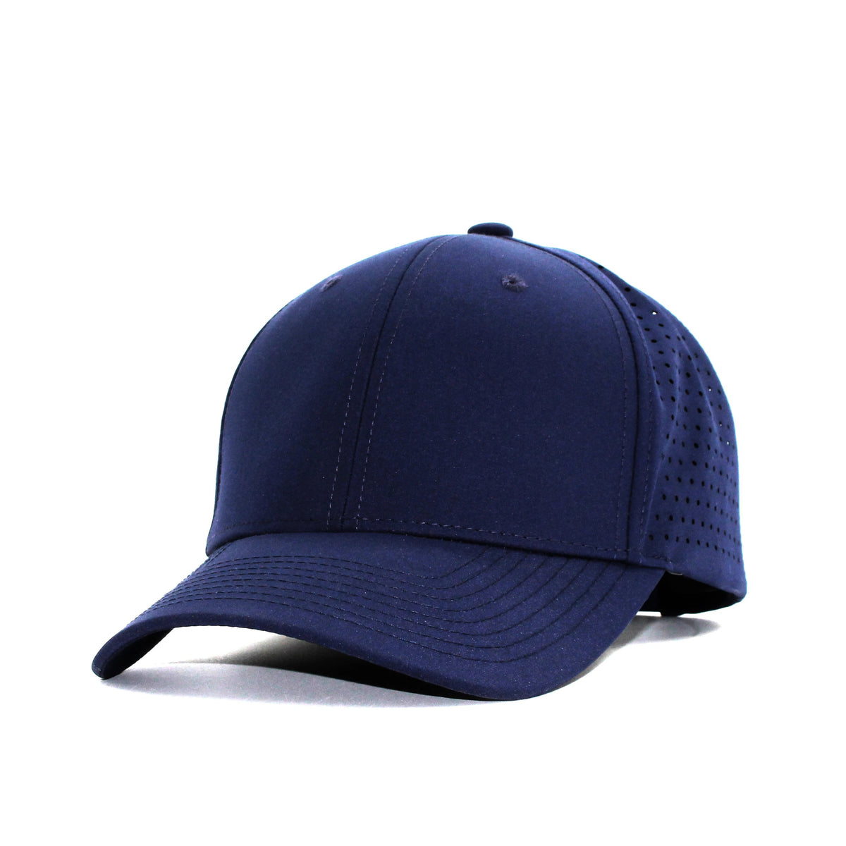 LU-8 navy wholesale 6-panel performance snapback hat front view