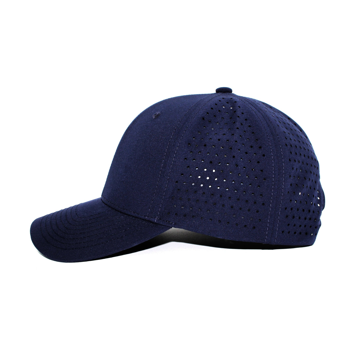 LU-8 navy wholesale 6-panel performance snapback hat side view