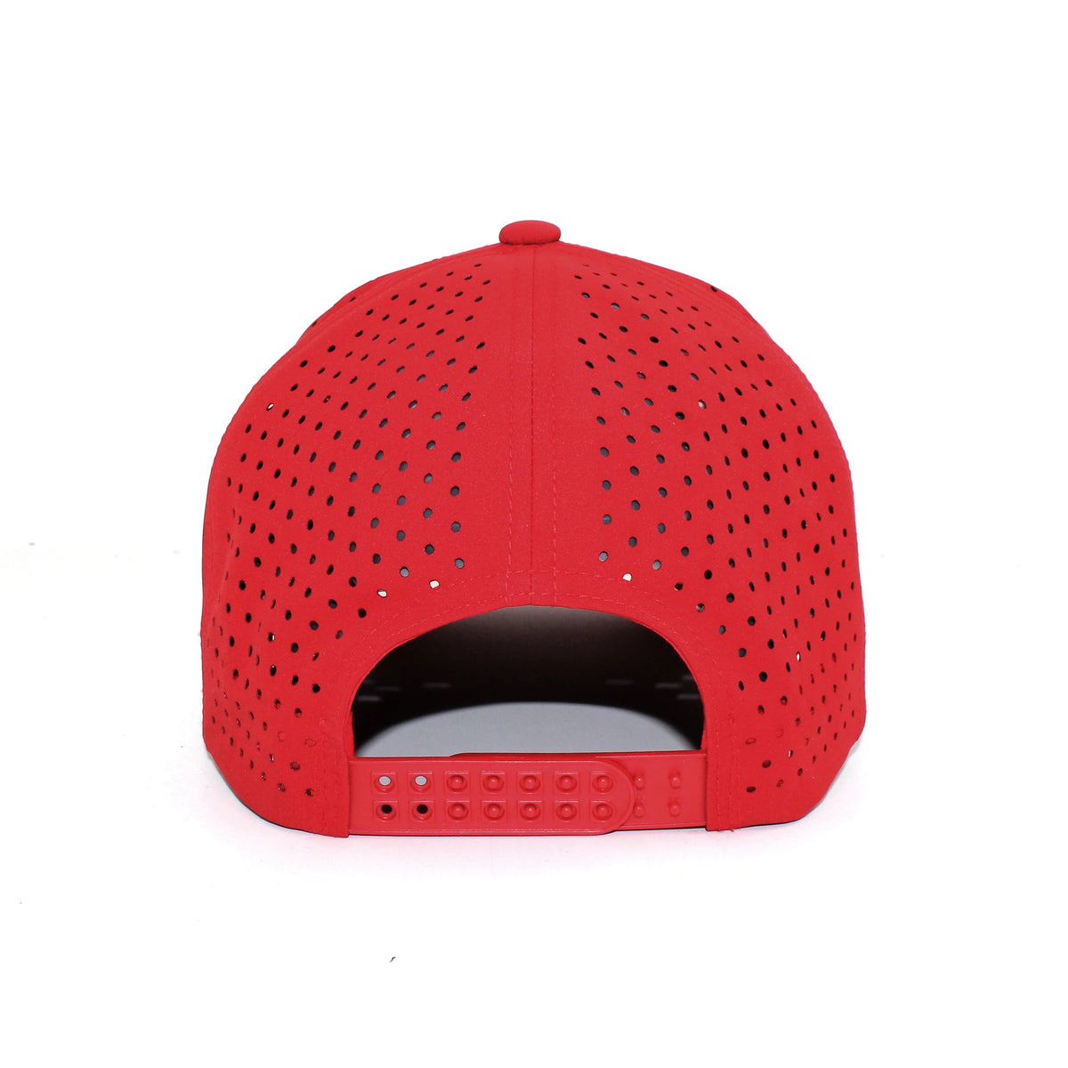 LU-8 red wholesale 6-panel performance snapback hat back view