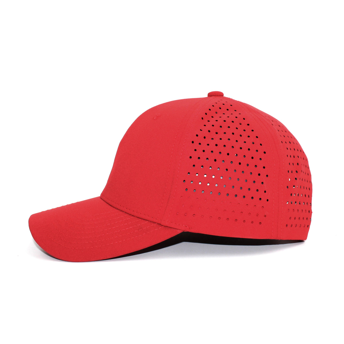 LU-8 red wholesale 6-panel performance snapback hat side view