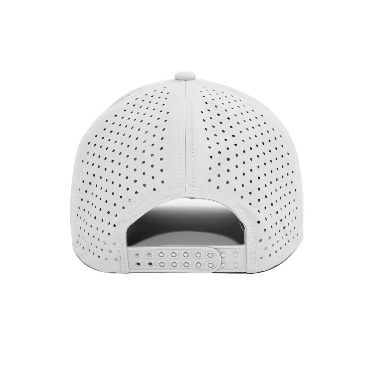 LU-8 white wholesale 6-panel performance snapback hat back view