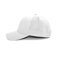 LU-8 white wholesale 6-panel performance snapback hat side view